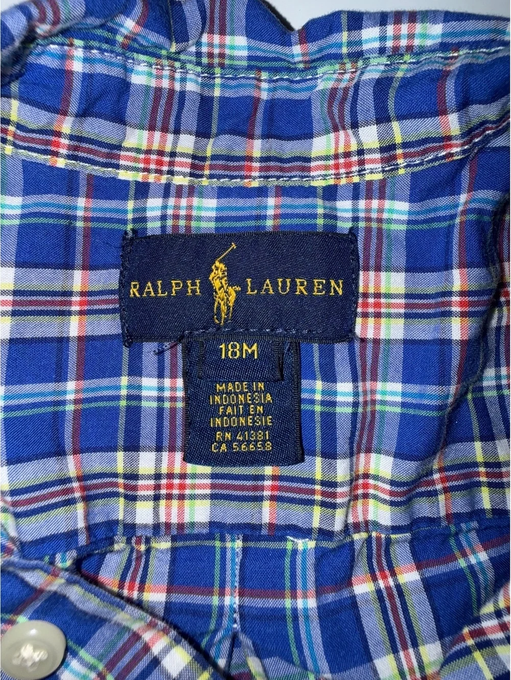 Ralph Lauren Boys' 18M Blue Plaid Button-Up Shirt 100% Cotton